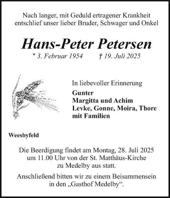 Traueranzeige von Hans-Peter Petersen von Region Flensburg