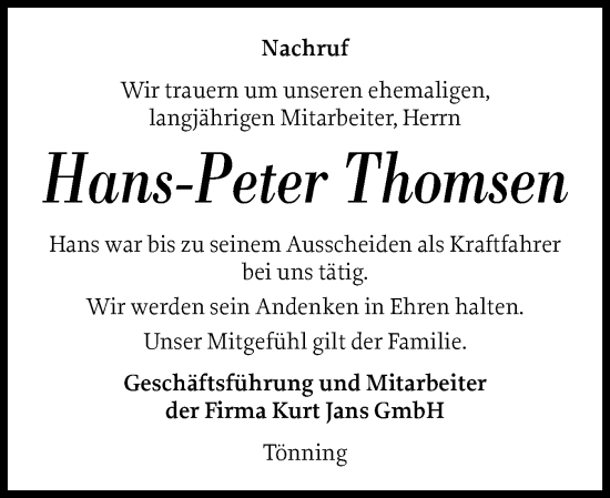 Traueranzeige von Hans-Peter Thomsen von Husumer Nachrichten, Nordfriesland Tageblatt