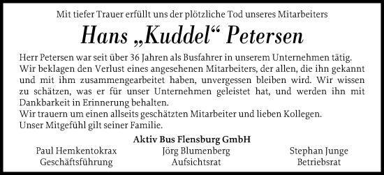 Traueranzeige von Hans Petersen von Flensburger Tageblatt