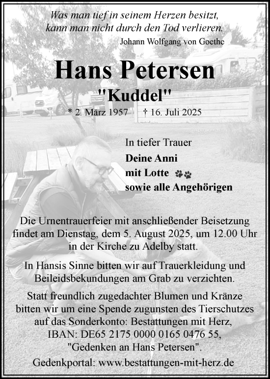 Traueranzeige von Hans Petersen von Flensburger Tageblatt