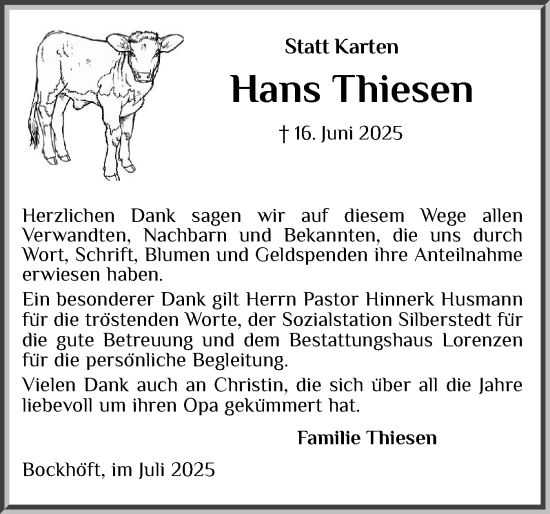 Traueranzeige von Hans Thiesen von Schleswiger Nachrichten, Schlei-Bote