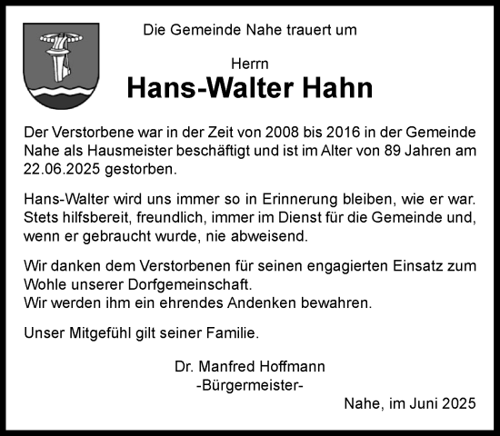 Traueranzeige von Hans-Walter Hahn von MARKT Ahrensburg/Bargteheide/Trittau und Stormarner Tageblatt