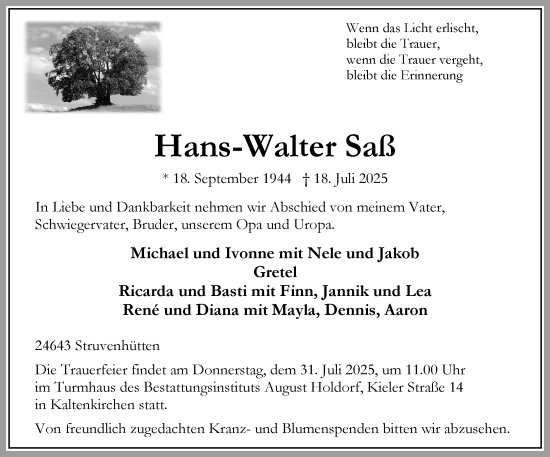 Traueranzeige von Hans-Walter Saß von Umschau