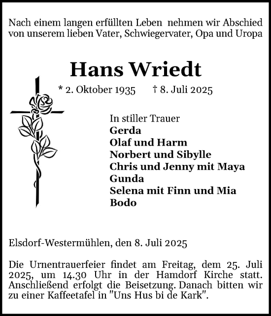 Traueranzeige von Hans Wriedt von Schleswig-Holsteinische Landeszeitung