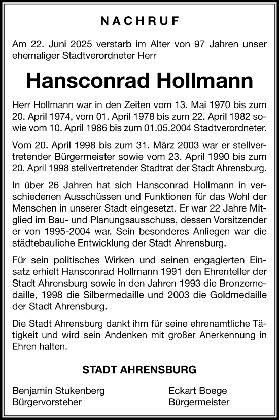 Traueranzeige von Hansconrad Hollmann von MARKT Ahrensburg/Bargteheide/Trittau und Stormarner Tageblatt