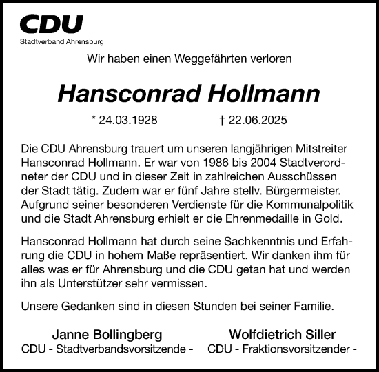 Traueranzeige von Hansconrad Hollmann von MARKT Ahrensburg/Bargteheide/Trittau und Stormarner Tageblatt