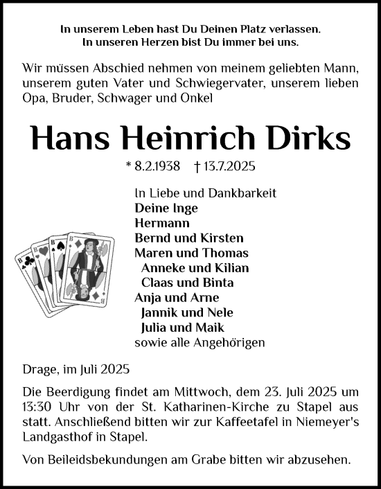 Traueranzeige von Hans Heinrich Dirks von Husumer Nachrichten, Nordfriesland Tageblatt