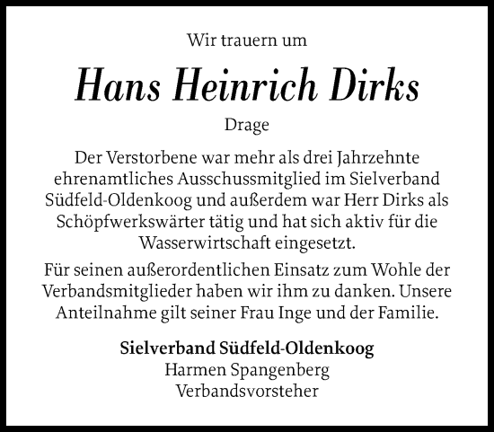 Traueranzeige von Hans Heinrich Dirks von Husumer Nachrichten, Nordfriesland Tageblatt