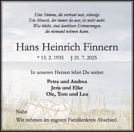 Traueranzeige von Hans Heinrich Finnern von MARKT Ahrensburg/Bargteheide/Trittau und Stormarner Tageblatt