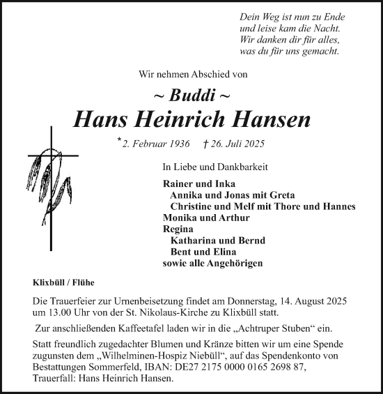Traueranzeige von Hans Heinrich Hansen von Husumer Nachrichten, Nordfriesland Tageblatt