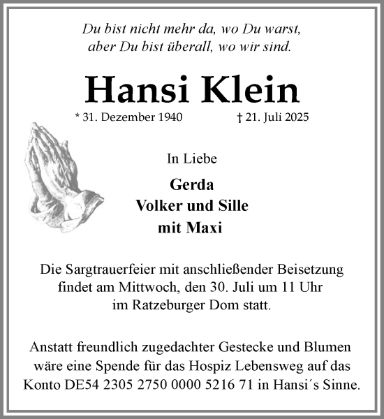 Traueranzeige von Hansi Klein von MARKT Ratzeburg/Mölln