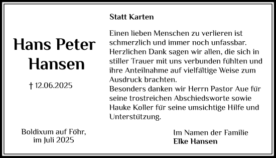 Traueranzeige von Hans Peter Hansen von Der Insel-Bote