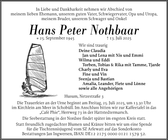 Traueranzeige von Hans Peter Nothbaar von Husumer Nachrichten, Nordfriesland Tageblatt