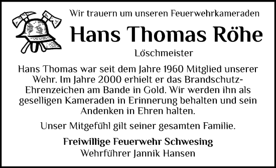Traueranzeige von Hans Thomas Röhe von Husumer Nachrichten, Nordfriesland Tageblatt