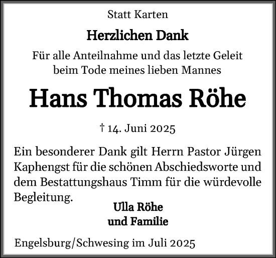 Traueranzeige von Hans Thomas Röhe von Husumer Nachrichten, Nordfriesland Tageblatt