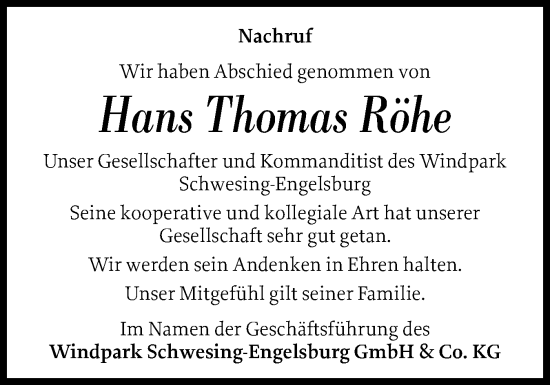 Traueranzeige von Hans Thomas Röhe von Husumer Nachrichten, Nordfriesland Tageblatt