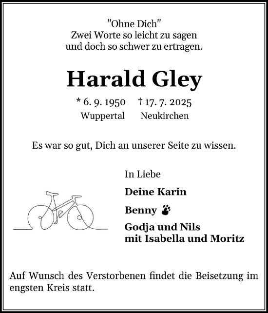 Traueranzeige von Harald Gley von Husumer Nachrichten, Nordfriesland Tageblatt