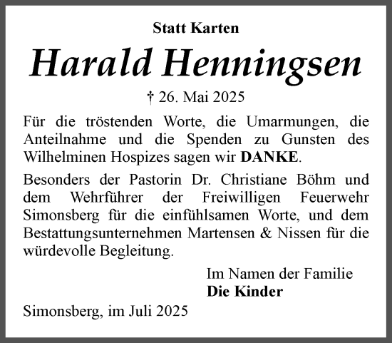 Traueranzeige von Harald Henningsen von Husumer Nachrichten, Nordfriesland Tageblatt
