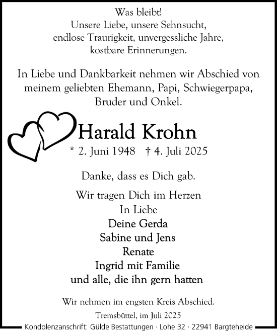 Traueranzeige von Harald Krohn von MARKT Ahrensburg/Bargteheide/Trittau und Stormarner Tageblatt
