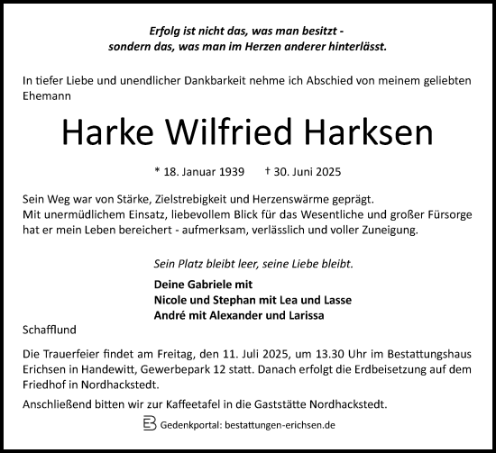 Traueranzeige von Harke Wilfried Harksen von Flensburger Tageblatt