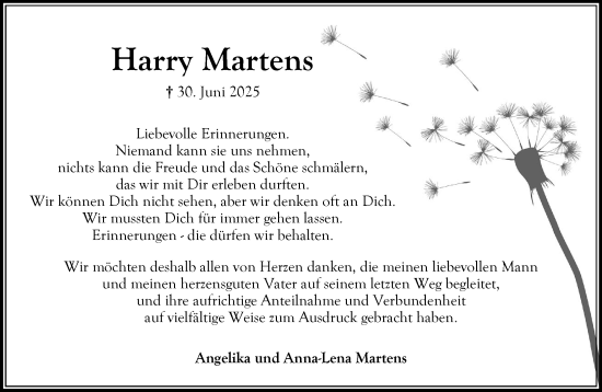 Traueranzeige von Harry Martens von MARKT Bad Oldesloe/Reinfeld und Stormarner Tageblatt