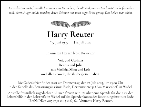 Traueranzeige von Harry Reuter von Wedel-Schulauer Tageblatt, tip Wedel-Schulauer Tageblatt, tip Rissener Rundschau