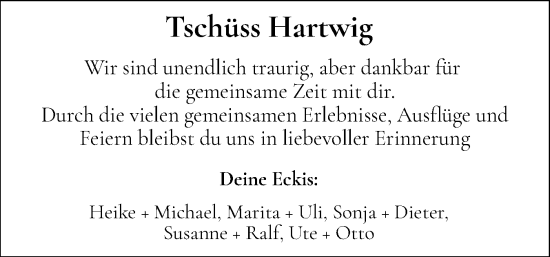 Traueranzeige von Hartwig  von Eckernförder Zeitung, Hallo Eckernförde