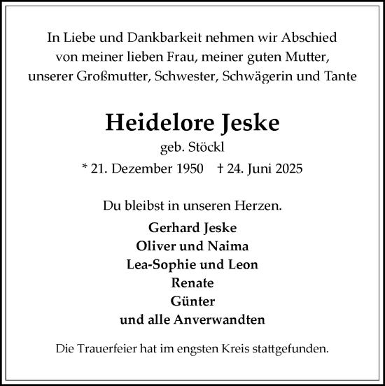 Traueranzeige von Heidelore Jeske von MARKT Bad Oldesloe/Reinfeld und Stormarner Tageblatt