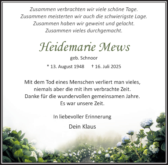 Traueranzeige von Heidemarie Mews von MARKT Bad Oldesloe/Reinfeld und Stormarner Tageblatt