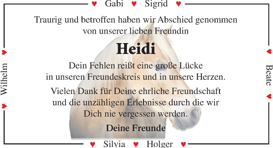 Traueranzeige von Heidi  von MARKT Bad Oldesloe/Reinfeld und Stormarner Tageblatt