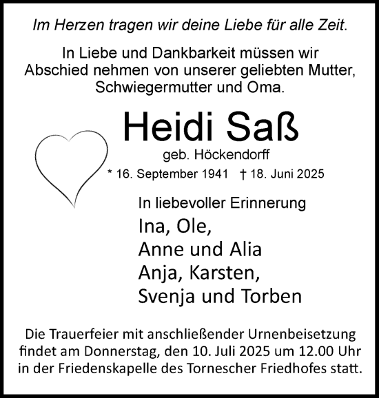 Traueranzeige von Heidi Saß von Uetersener Nachrichten, Der tip am Wochenende