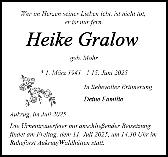 Traueranzeige von Heike Gralow von Schleswig-Holsteinische Landeszeitung
