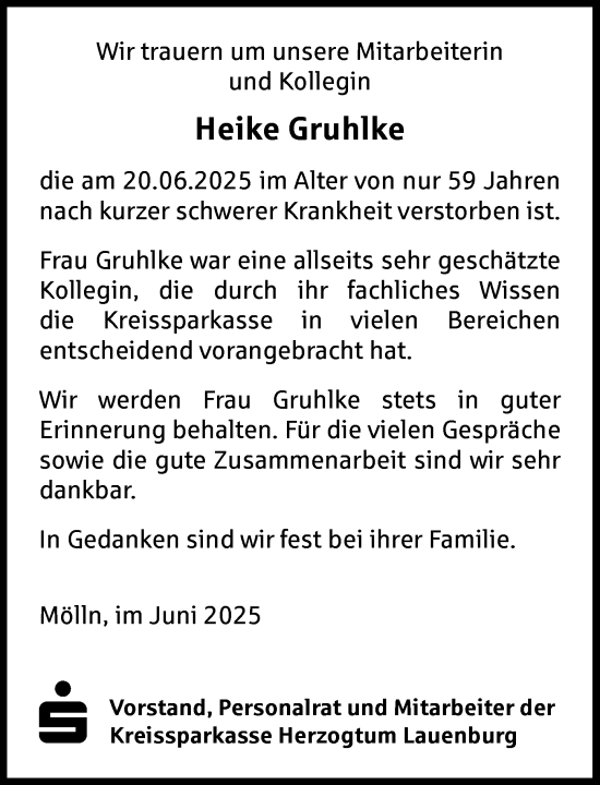 Traueranzeige von Heike Gruhlke von MARKT Ratzeburg/Mölln