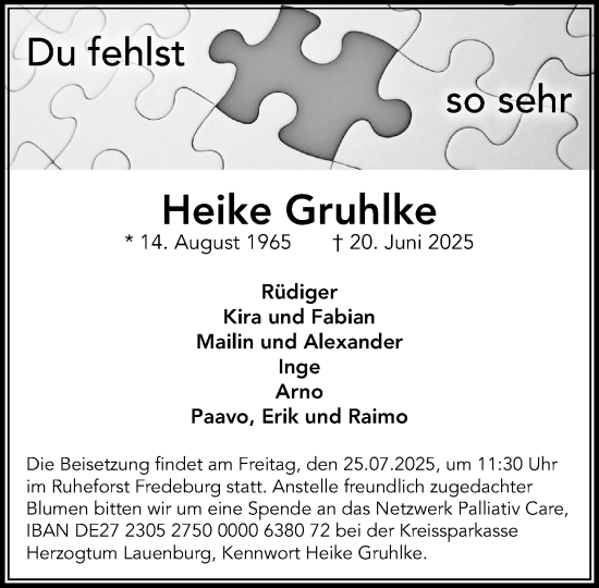 Traueranzeige von Heike Gruhlke von MARKT Ratzeburg/Mölln