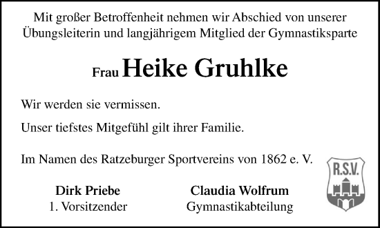 Traueranzeige von Heike Gruhlke von MARKT Ratzeburg/Mölln