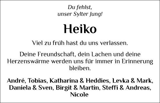 Traueranzeige von Heiko  von Husumer Nachrichten, Nordfriesland Tageblatt