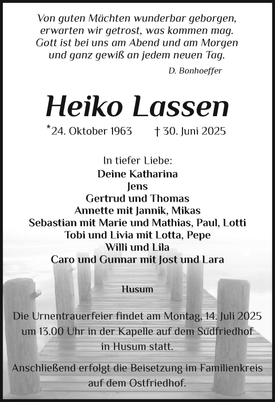 Traueranzeige von Heiko Lassen von Husumer Nachrichten, Nordfriesland Tageblatt