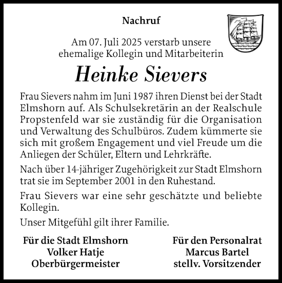 Traueranzeige von Heinke Sievers von Elmshorner Nachrichten, Barmstedter Zeitung