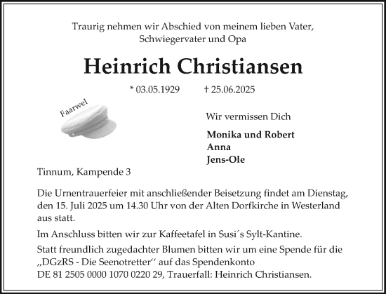 Traueranzeige von Heinrich Christiansen von Sylter Rundschau