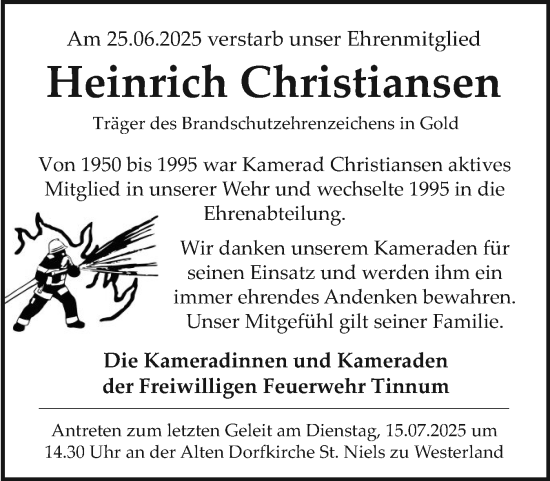 Traueranzeige von Heinrich Christiansen von Sylter Rundschau
