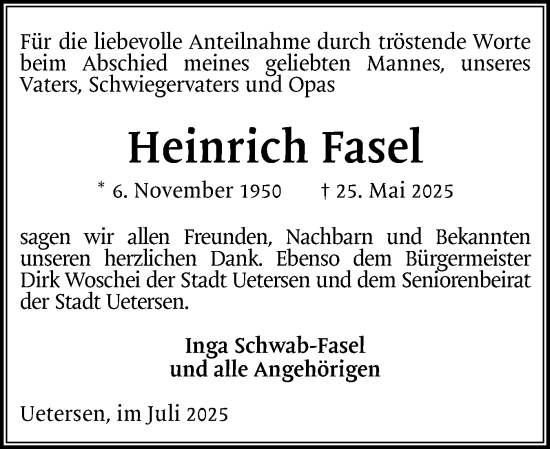 Traueranzeige von Heinrich Fasel von Uetersener Nachrichten, Der tip am Wochenende