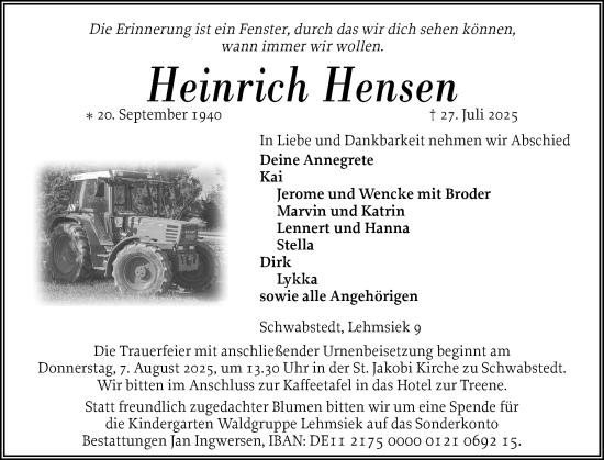 Traueranzeige von Heinrich Hensen von Husumer Nachrichten, Nordfriesland Tageblatt