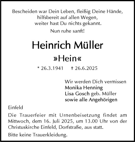 Traueranzeige von Heinrich Müller von Holsteinischer Courier
