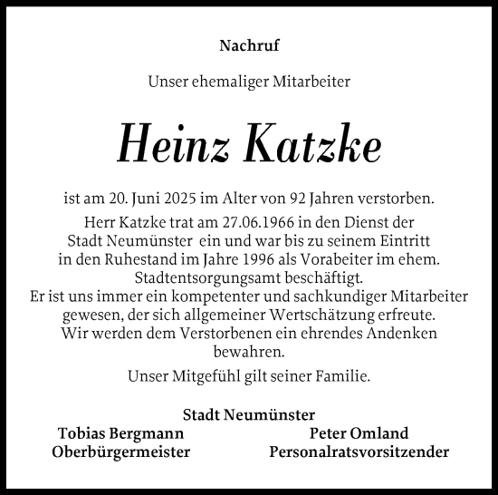 Traueranzeige von Heinz Katzke von Holsteinischer Courier