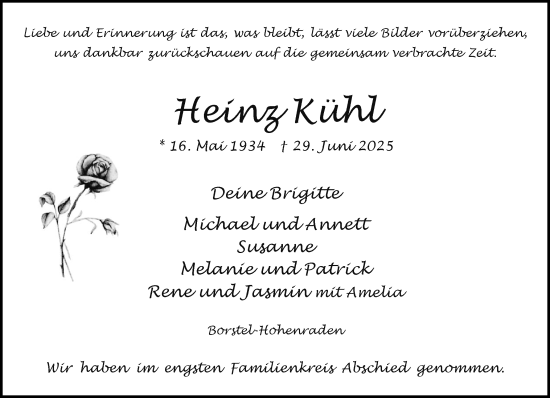 Traueranzeige von Heinz Kühl von Region Pinneberg und tip Pinneberg