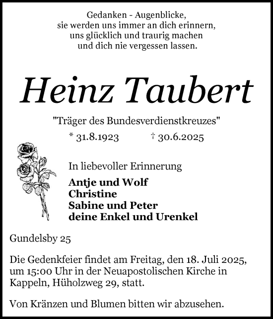 Traueranzeige von Heinz Taubert von Schleswiger Nachrichten, Schlei-Bote