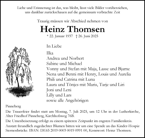 Traueranzeige von Heinz Thomsen von Region Pinneberg und tip Pinneberg