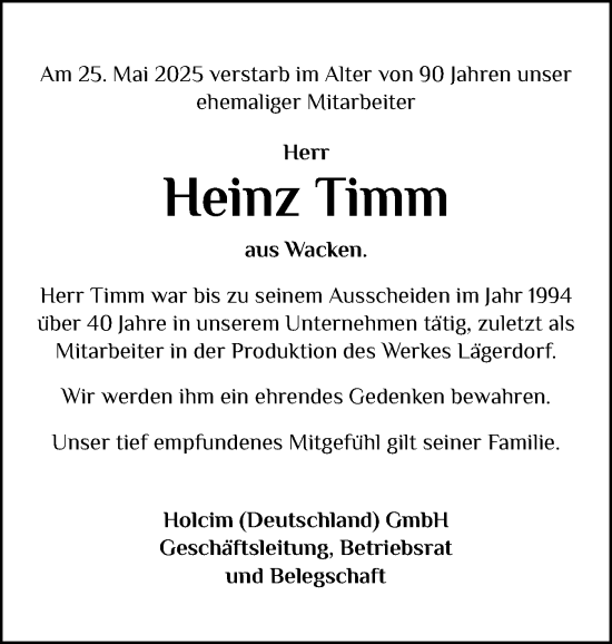 Traueranzeige von Heinz Timm von Norddeutsche Rundschau, Wilstersche Zeitung, Glückstädter Fortuna