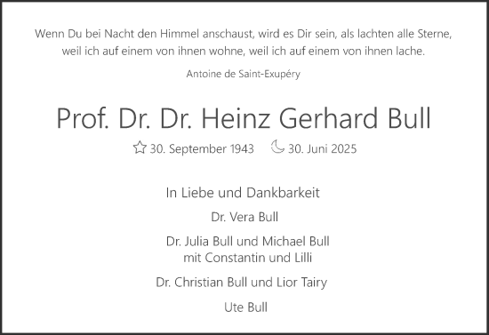 Traueranzeige von Heinz Gerhard Bull von Sylter Rundschau