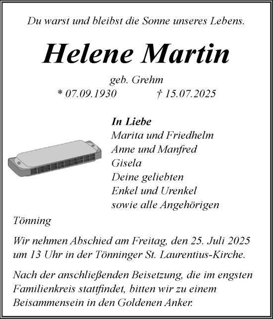 Traueranzeige von Helene Martin von Husumer Nachrichten, Nordfriesland Tageblatt